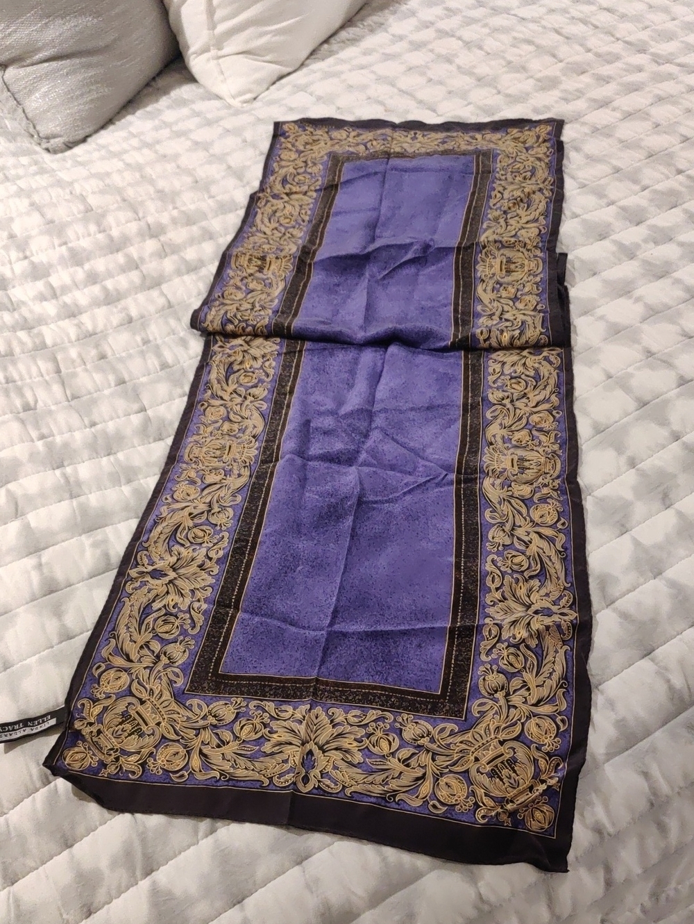 Silk Ellen Tracy Gold blue Purple Rectangle Silk Scarf Y2K Vintage Aesthetic